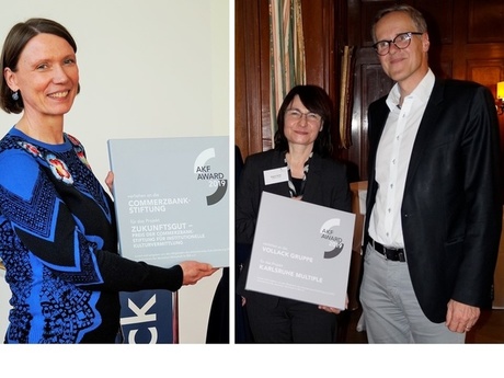 Astrid Kießling-Taskin, Commerzbank-Stiftung (links) sowie Regina Reiter und Reinhard Blaurock, Vollack Gruppe, nehmen die Urkunden für den AKF Award 2019 entgegen Astrid Kießling-Taskin, Commerzbank-Stiftung (links) sowie Regina Reiter und Reinhard Blaurock, Vollack Gruppe, nehmen die Urkunden für den AKF Award 2019 entgegen